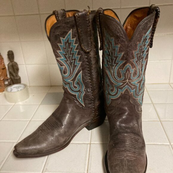 Lucchese Handmade Cowboy Boots Size 10.5 D Snip Toe Blue Embroidery